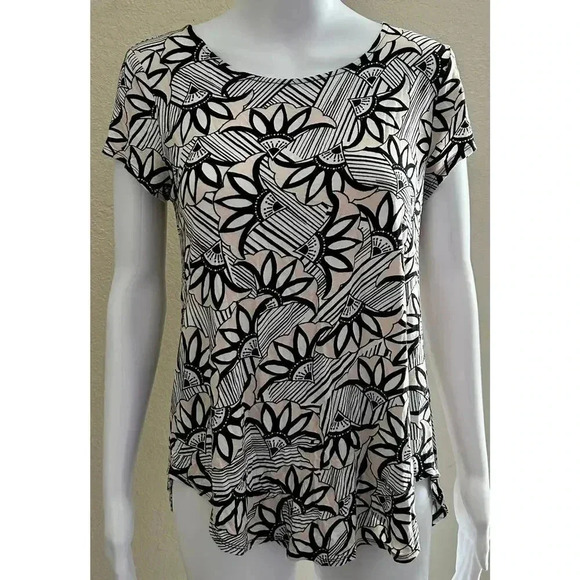 Alfani Tops - Alfani | Women's Floral Abstract Striped Pleated Short Sleeve Top | Medium